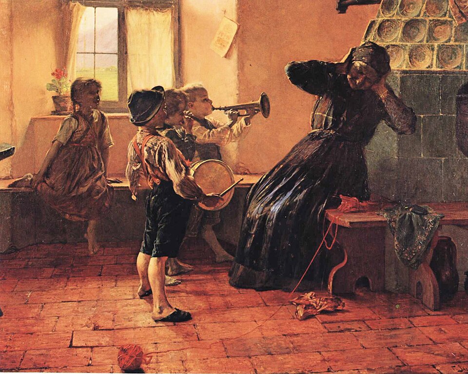 Γεώργιος Ιακωβίδης, Παιδική συναυλία (1900). Η σκηνή με τα μουσικόφιλα παιδιά αποδίδει με τρυφερότητα και ανεκδοτική διάθεση την οικιακή καθημερινότητα. Το έργο παρουσιάστηκε στην Παγκόσμια Έκθεση του Παρισιού (1900) και αποτελεί χαρακτηριστικό δείγμα της εικαστικής ηθογραφίας της Σχολής του Μονάχου.