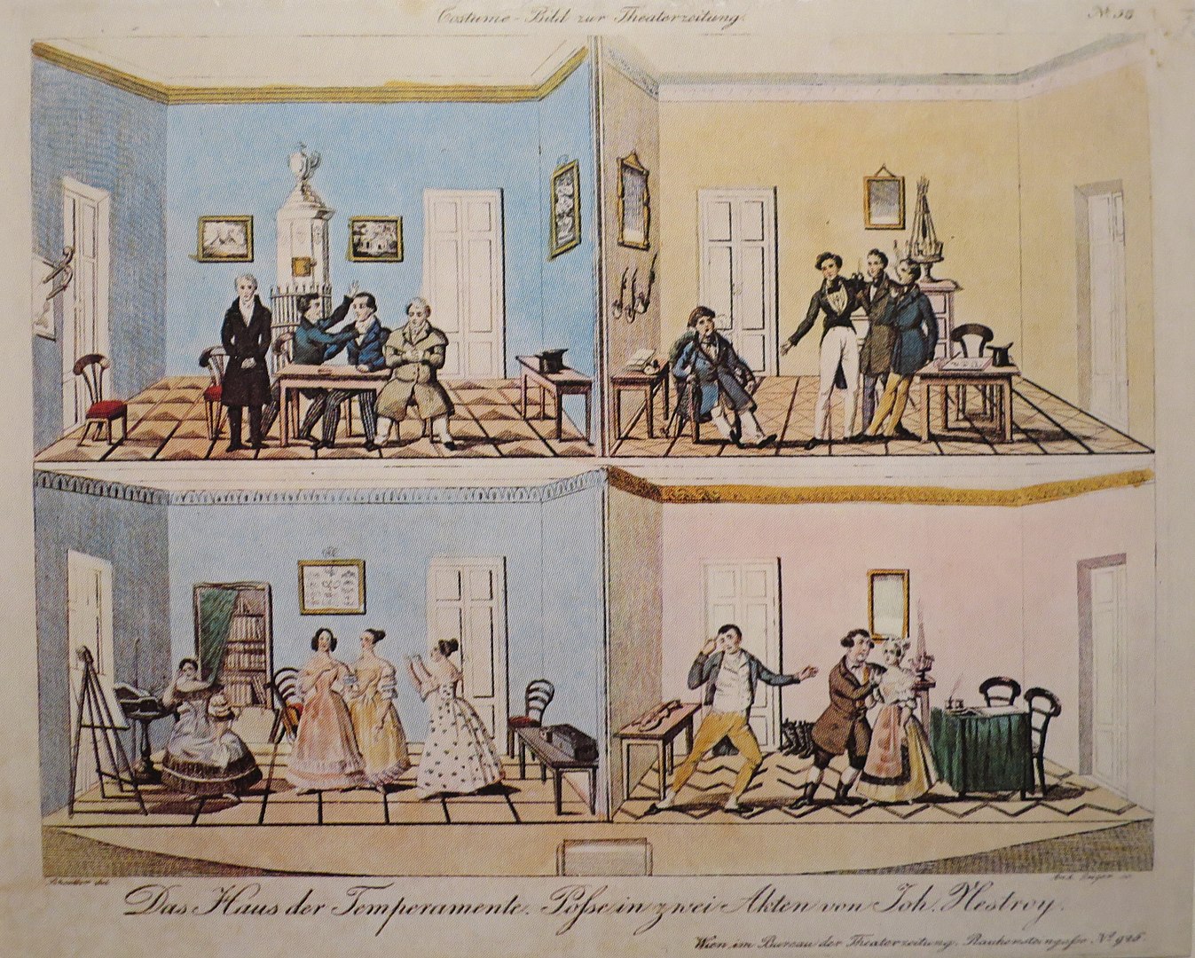 Το σπίτι των ιδιοσυγκρασιών [Das Haus der Temperamente] (1837), του Johann Nestroy, με τους τέσσερις χώρους (δύο άνω και δύο κάτω). Χαλκογραφία του [[#Andreas Geiger [Αντρέας Γκάιγκερ]#]] (1838).