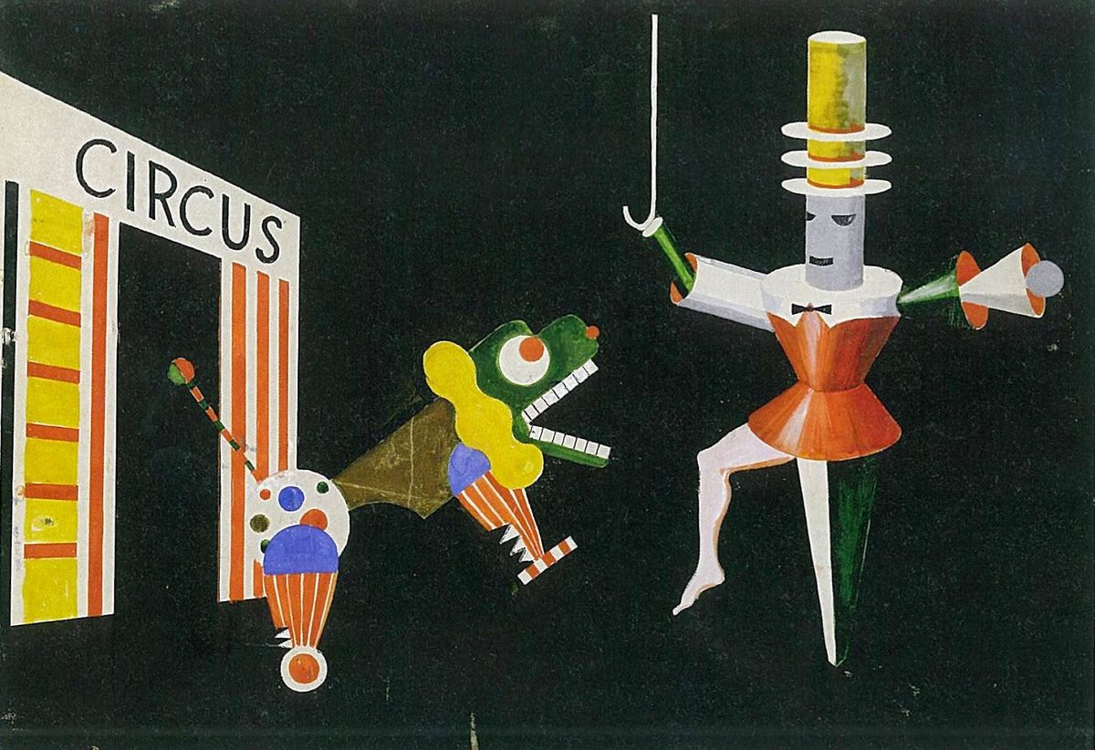 [[#Xanti Schawinsky [Ξάντι Σαβίνσκυ]#]], Circus [Τσίρκο], σχέδιο σκηνής με θηριοδαμαστή και θηρίο (1924). Το σχέδιο έγινε στο Μπάουχαους της Βαϊμάρης, τη χρονιά που ο Schawinsky άρχισε εκεί τις σπουδές του, και δείχνει πόσο γοήτευσε το τσίρκο την ιστορική πρωτοπορία.