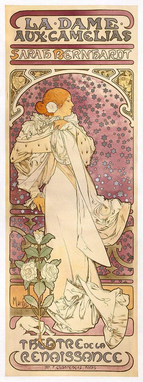 Αφίσα του [[#Alphonse Mucha [Άλφονς Μούχα]#]] για θεατρική παράσταση του έργου La Dame aux Camélias [Η Κυρία με τις Καμέλιες] του Αλέξανδρου Δουμά (υιού) το 1896, με πρωταγωνίστρια τη Sarah Bernhardt.