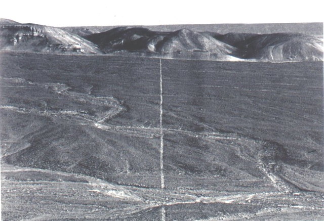 Richard Long, Walking a line in Perou [Περπατώντας σε μια γραμμή στο Περού], 1972, Περού.Στο έργο αυτό, ο Long μετατρέπει την ίδια την πράξη του περπατήματος σε καλλιτεχνική πρακτική, αφήνοντας στο τοπίο το ίχνος της διαδρομής και της περιπλάνησής του στον χώρο. Η γραμμή που σχηματίζεται από την επαναλαμβανόμενη κίνηση του σώματος λειτουργεί ως προσωρινό αποτύπωμα της παρουσίας του καλλιτέχνη και ως καταγραφή της σχέσης ανάμεσα στην κίνηση, τον χώρο και τον χρόνο. Το έργο εντάσσεται στις περιπατητικές πρακτικές της γεωτέχνης, όπου το τοπίο δεν αποτελεί απλώς τοποθεσία του έργου, αλλά ενεργό πεδίο της καλλιτεχνικής διαδικασίας.