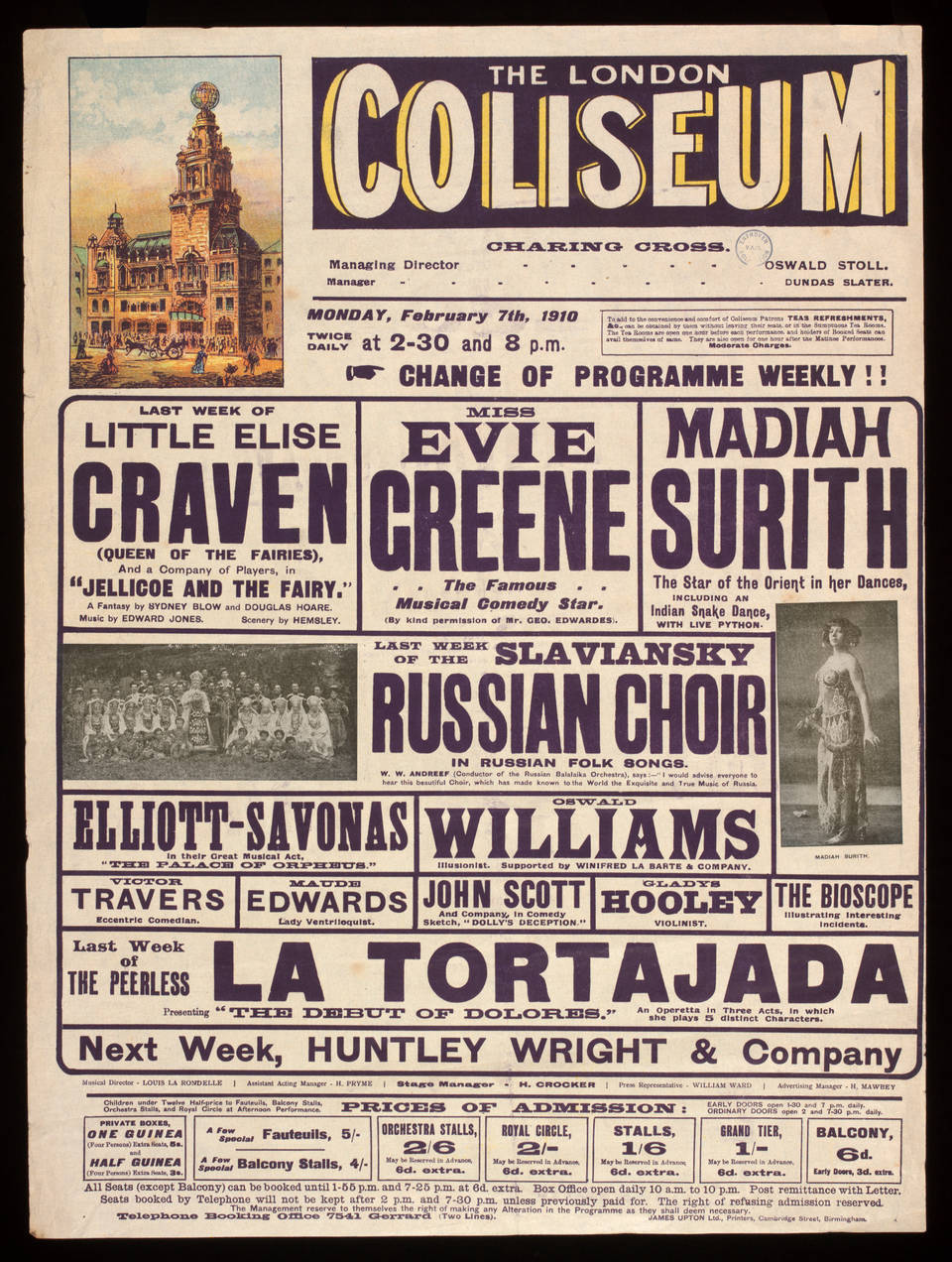Αφίσα του London Coliseum [Κολοσσαίο του Λονδίνου] για το πρόγραμμα ποικιλιών της εβδομάδας της 7ης Φεβρουαρίου 1910. Το θέατρο, σε σχέδια του Frank Matcham [Φρανκ Μάτσαμ], εγκαινιάστηκε το 1904 ως London Coliseum Theatre of Varieties και ήταν το μεγαλύτερο και πολυτελέστερο θέατρο ποικιλιών του Λονδίνου. Ήταν το πρώτο στην Αγγλία με τριπλή περιστρεφόμενη σκηνή. Σήμερα στεγάζει την English National Opera [Αγγλική Εθνική Όπερα].