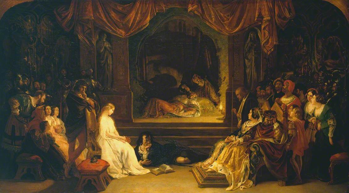 Daniel Maclise [Ντάνιελ Μακλίς], Η σκηνή της παράστασης στον «Άμλετ» [The Play Scene in 'Hamlet'] (εκτέθηκε το 1842), Tate Britain, Λονδίνο (N00422). Ο πίνακας αποτυπώνει τη διπλή θέαση του θεάτρου εν θεάτρῳ. Οι ηθοποιοί παρουσιάζουν τη Δολοφονία του Γονζάγου [The Murder of Gonzago]. Ο Άμλετ, ξαπλωμένος στα πόδια της Οφηλίας, δεν κοιτάζει τη σκηνή αλλά το εσωτερικό κοινό, και κυρίως την αντίδραση του Κλαύδιου.