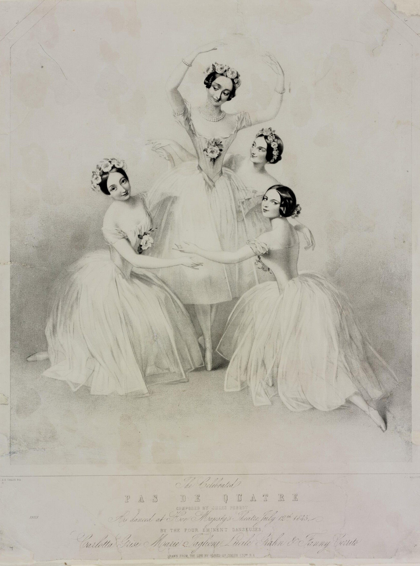 Οι Carlotta Grisi [Καρλόττα Γκρίζι], Marie Taglioni [Μαρί Ταλιόνι], Lucile Grahn [Λυσίλ Γκραν] και Fanny Cerrito [Φάννυ Τσερρίτο] στο Pas de Quatre [Πα ντε κατρ] του Jules Perrot [Ζυλ Περρώ] (Λονδίνο, 1845), σε λιθογραφία της εποχής. Η μετωπική σύνθεση γύρω από την Taglioni και το κοστούμι του μπαλέτου, που είχε πλέον καθιερωθεί, αναδεικνύουν τη θεατρικότητα του χορευτικού σώματος.