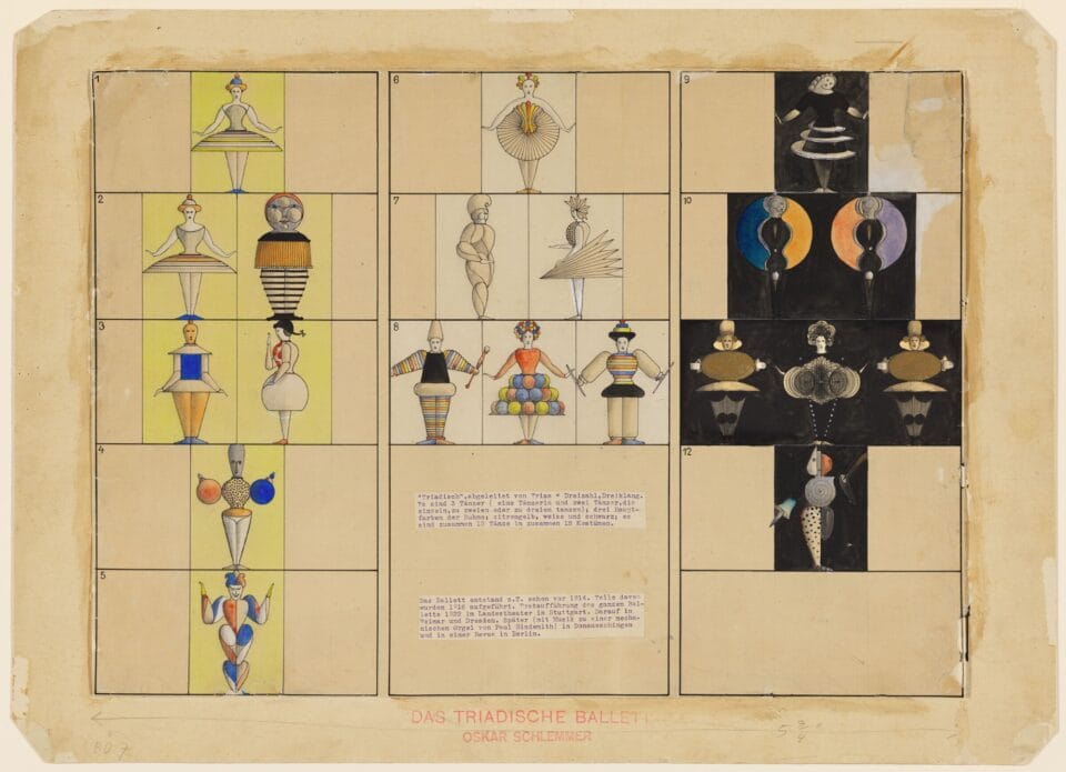 Oskar Schlemmer,&nbsp;Σχέδιο μορφών για το πρώτο Triadisches Ballett [Τριαδικό Μπαλέτο], 1924-1926, μελάνι, μολύβι, υδατογραφία και τέμπερα.​