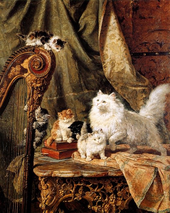 [[#Henriëtte Ronner-Knip [Χενριέτ Ρόννερ-Κνιπ]#]], Een muzikaal tussenspel [Ένα μουσικό ιντερμέδιο], γνωστό και ως Kattenspel bij de harp [Γατοπαιχνίδια στην άρπα] (ελαιογραφία, 1897). Η λευκή γάτα και τα γατάκια της παίζουν γύρω από μια άρπα, σε μια σκηνή που, ήδη από τον τίτλο της, οικειοποιείται μεταφορικά τον όρο του μουσικού ιντερμεδίου στο πλαίσιο της ρομαντικής αιλουρικής εικονογραφίας.