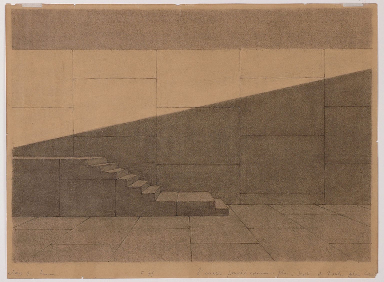 Adolphe Appia, Espace rythmique: Clair de lune [Ρυθμικός χώρος: Σεληνόφως], 1909. Σκαλοπάτια και πλατύσκαλα ανεβαίνουν προς τα αριστερά, ενώ το χαμηλό φως της σελήνης βυθίζει στη σκιά το κάτω μέρος της σύνθεσης. Κάρβουνο και γραφίτης σε χαρτί Canson &amp; Montgolfier, 502 × 646 mm.&nbsp;