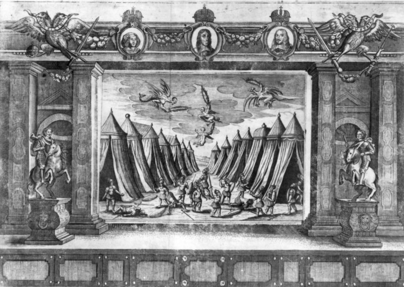 Σκηνή από την Pietas victrix [Η νίκη της ευσεβείας] του Ιησουίτη Nicolaus Avancini [Νικολάους Αβαντσίνι], χαλκογραφία από την πρώτη έκδοση του έργου (Βιέννη, 1659). Το έργο το ανέβασαν τον Φεβρουάριο του 1659 οι σπουδαστές του ιησουιτικού κολλεγίου της Βιέννης, ενώπιον του αυτοκράτορα Λεοπόλδου Α΄ [Leopold I] και περίπου τριών χιλιάδων θεατών. Η πολυτελής σκηνική εικόνα τεκμηριώνει την τεχνική αρτιότητα του σχολικού θεάτρου των Ιησουιτών. 