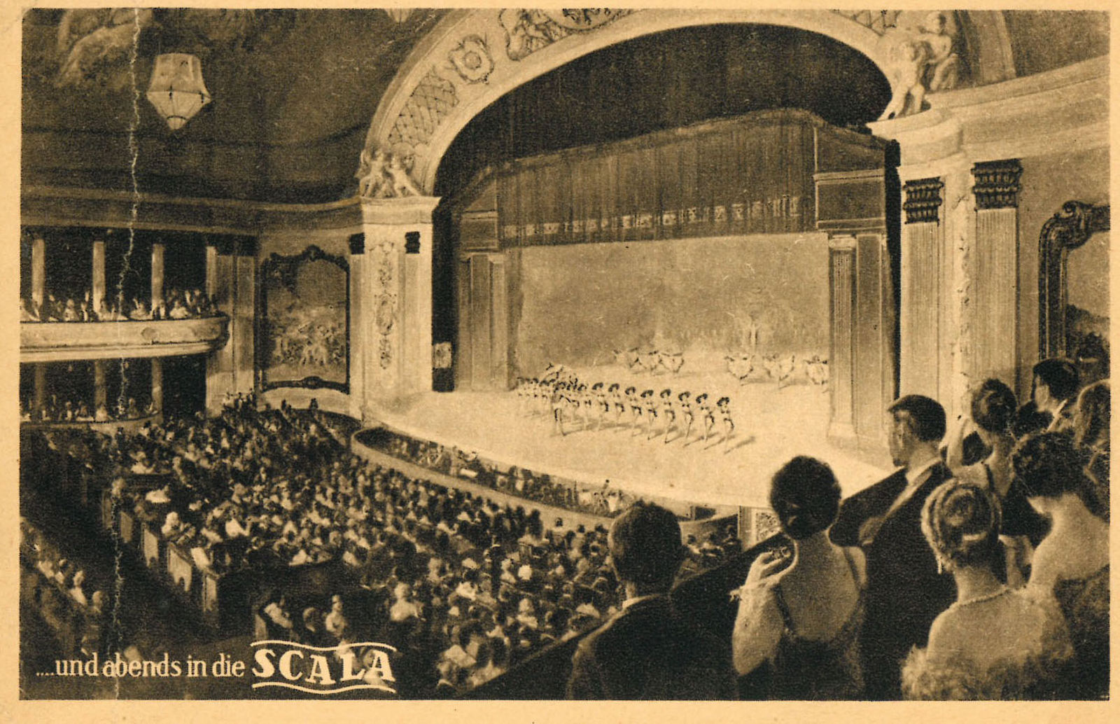 Καρτ ποστάλ της Scala [Σκάλα] του Βερολίνου (δεκαετία του 1930). Το θέατρο βαριετέ άνοιξε το 1920 στο πρώην παγοδρόμιο [Eispalast] της συνοικίας Schöneberg [Σένεμπεργκ] και είχε 3.000 θέσεις. Οι χορεύτριες του θεάτρου, οι περίφημες Scala-Girls, μοιράζονταν τη σκηνή με κωμικούς και κωμικές, ακροβάτες και ηθοποιούς. Η Scala καταστράφηκε στον Β΄ Παγκόσμιο Πόλεμο.