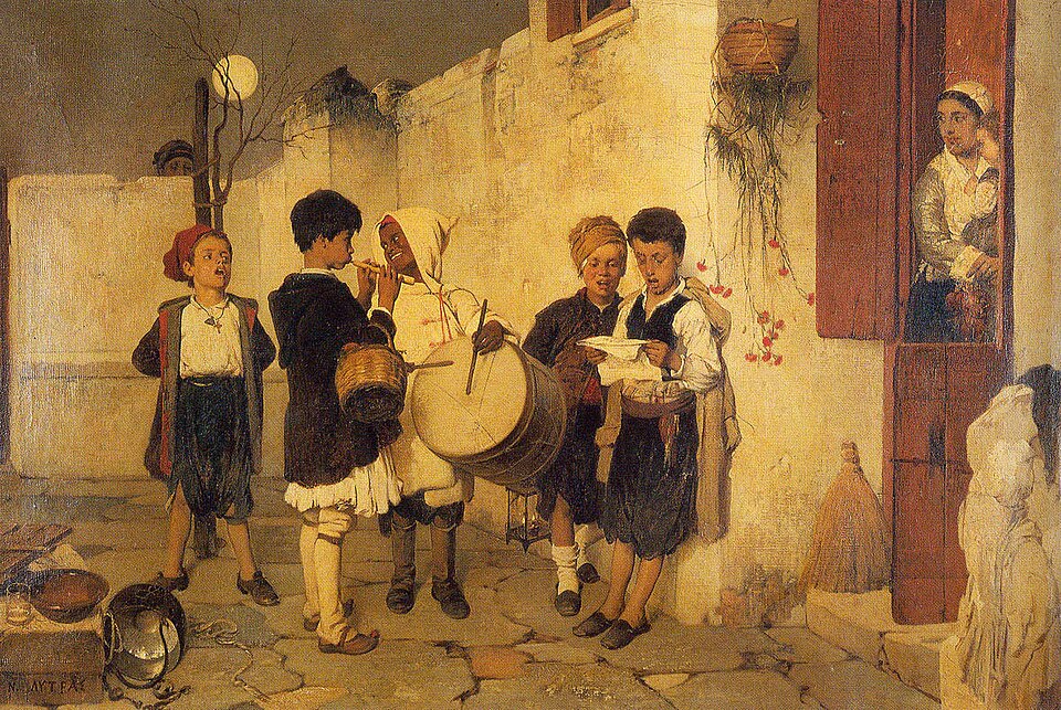 [[#Νικηφόρος Λύτρας#]], Τα κάλαντα, 1872, ελαιογραφία σε μουσαμά, 59 × 90 εκ., ιδιωτική συλλογή. Παιδιά μιας λαϊκής γειτονιάς λένε τα κάλαντα, σύμφωνα με το έθιμο. Ο Λύτρας αποδίδει την ελληνική καθημερινότητα με την ακαδημαϊκή τεχνική της σχολής του Μονάχου, με ακρίβεια και τρυφερότητα. Ο πίνακας αποτελεί κορυφαίο δείγμα της ηθογραφίας, της ελληνικής εκδοχής του ρεαλισμού. 