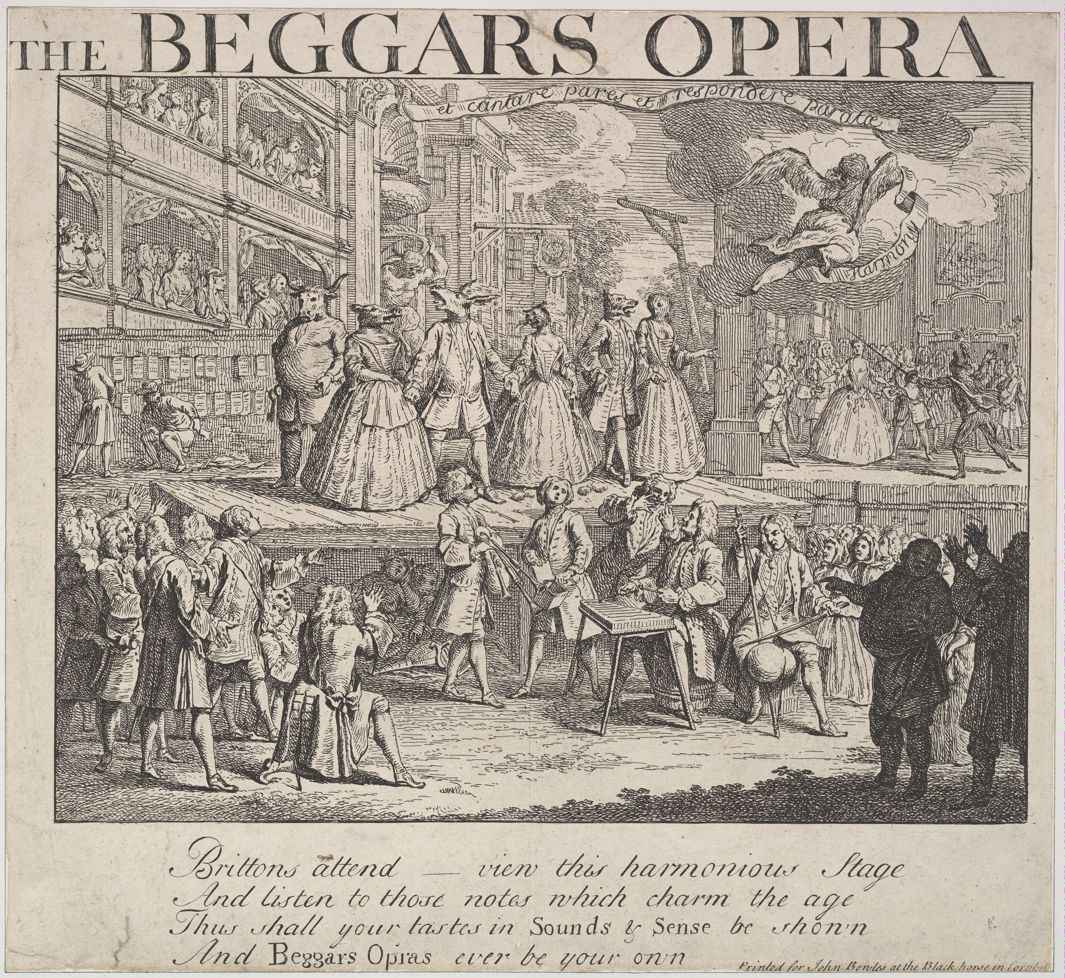 Σατιρική οξυγραφία (1728) αγνώστου Βρεττανού χαράκτη, που παλαιότερα αποδιδόταν στον William Hogarth [Ουίλλιαμ Χόγκαρθ], σε έκδοση του John Bowles [Τζων Μπόουλς]. Τραγουδιστές με κεφάλια ζώων ερμηνεύουν την όπερα-μπαλάντα με λαϊκά όργανα, ενώ ο Απόλλων και μια Μούσα κείτονται κάτω από τη σκηνή και η Αρμονία φεύγει. Οι ειρωνικοί στίχοι σχολιάζουν το γούστο του κοινού. The Metropolitan Museum of Art, Νέα Υόρκη (17.3.888-321).