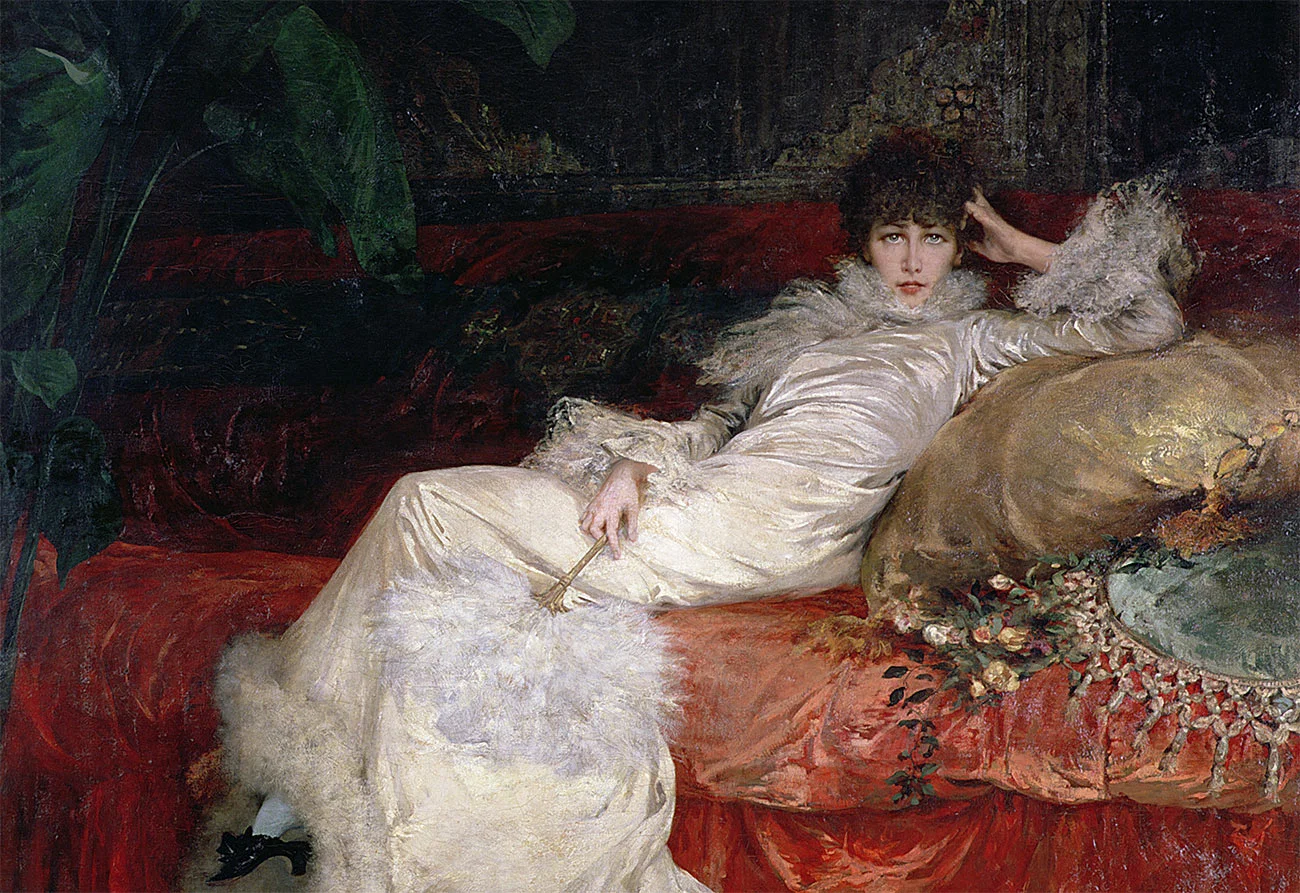 Προσωπογραφία της Sarah Bernhardt, εξέχουσας εκπροσώπου της αισθητικής του fin de siècle και του αισθητισμού στο θέατρο, σε ελαιογραφία του [[#Georges Clairin [Ζωρζ Κλαιρέν]#]] (1876). 