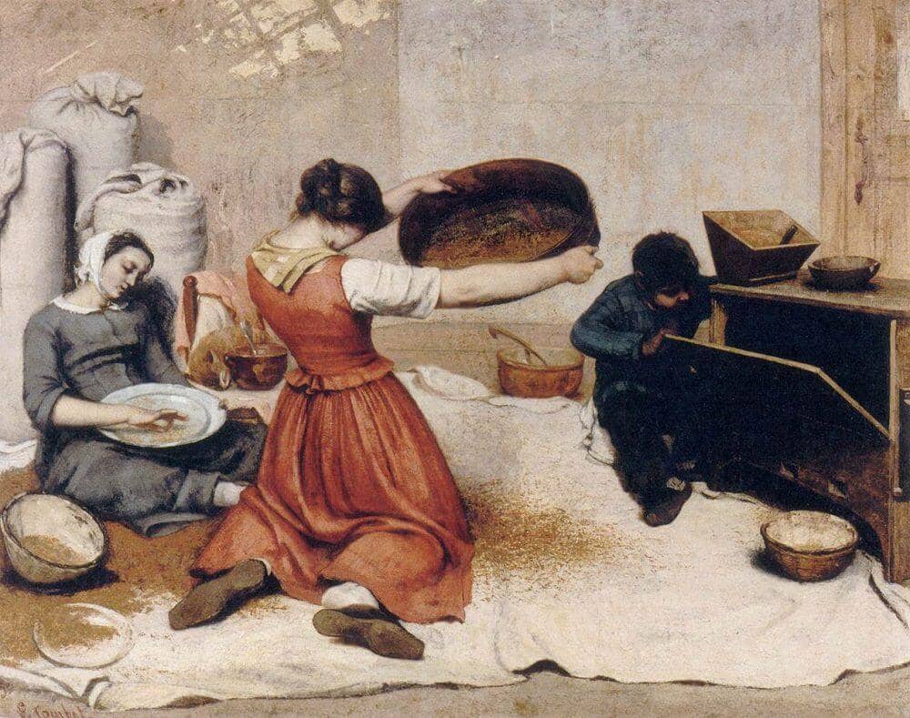 Gustave Courbet, Les Cribleuses de blé [Οι κοσκινίστρες του σιταριού], 1854, ελαιογραφία σε μουσαμά, Musée d'arts de Nantes. Δύο γυναίκες κοσκινίζουν σιτάρι, ενώ ένα αγόρι περιεργάζεται τον μηχανισμό ενός λιχνιστικού. Οι στάσεις των σωμάτων αποδίδουν την κόπωση και τον ρυθμό της αγροτικής εργασίας, χωρίς εξιδανίκευση. Το έργο είναι χαρακτηριστικό της στροφής του ρεαλισμού προς την καθημερινή ζωή. 