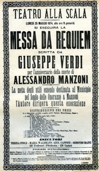 Αφίσα-πρόγραμμα για τη Messa da Requiem [Λειτουργία Ρέκβιεμ] του Giuseppe Verdi. Τυπώθηκε το 1874 και φυλάσσεται στο Museo Teatrale alla Scala (Μιλάνο, Ιταλία).