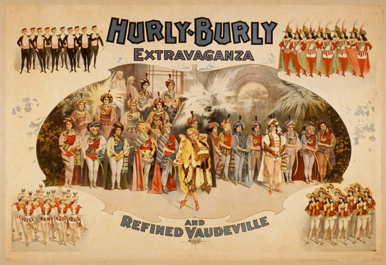 Αφίσα για την παράσταση Hurly-Burly Extravaganza and Refined Vaudeville [Εξτραβαγκάντσα του σαματά και εξευγενισμένο βωντβίλ] (1899). Ο χαρακτηρισμός «refined» [εξευγενισμένο] δείχνει την προσπάθεια του αμερικανικού βωντβίλ να αποβάλει την κακή φήμη των πρώτων χρόνων και να προσελκύσει οικογενειακό κοινό.
