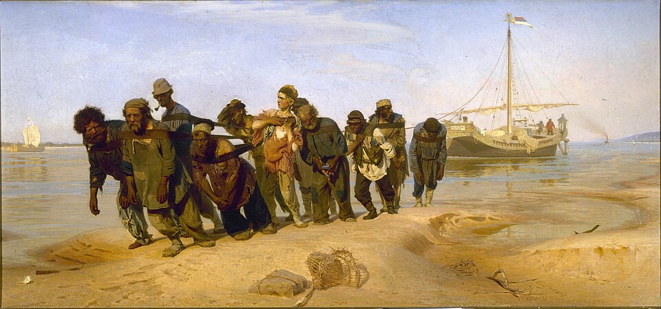 Ίλια Ρέπιν, Μπουρλάκοι του Βόλγα [Burlaki na Volge], 1870 – 1873, ελαιογραφία σε μουσαμά, 131,5 × 281 εκ., Κρατικό Ρωσικό Μουσείο, Αγία Πετρούπολη. Ένδεκα εξαντλημένοι άνδρες σέρνουν με σχοινιά μια φορτηγίδα στην όχθη του ποταμού, και ανάμεσά τους ξεχωρίζει ένας νεαρός που σηκώνει το κεφάλι. Ο Ρέπιν δίνει στη σκληρή χειρωνακτική εργασία τις διαστάσεις της ιστορικής ζωγραφικής, και ο πίνακας καθιερώθηκε ως έμβλημα του ρωσικού ρεαλισμού.&nbsp;